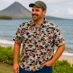 Crossings Men’s Large Hawaiian Shirt Floral Palm Print Cotton Summer Beach Top